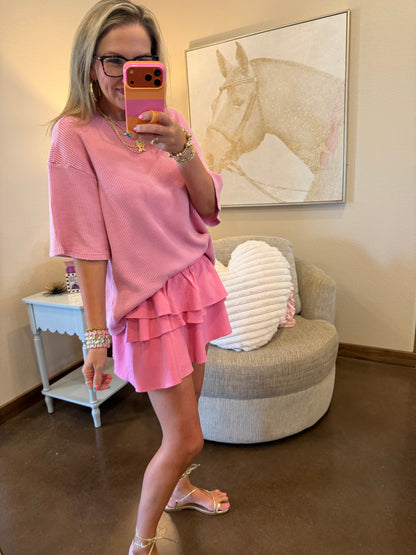 Pink Mineral Wash Waffle Crew Neck Short Sleeve Top