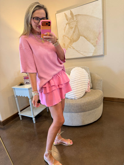 Pink Tiered Layers Activewear Skirt With Shorts
