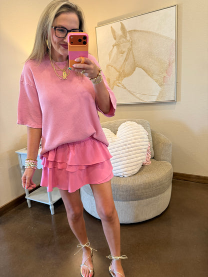 Pink Tiered Layers Activewear Skirt With Shorts