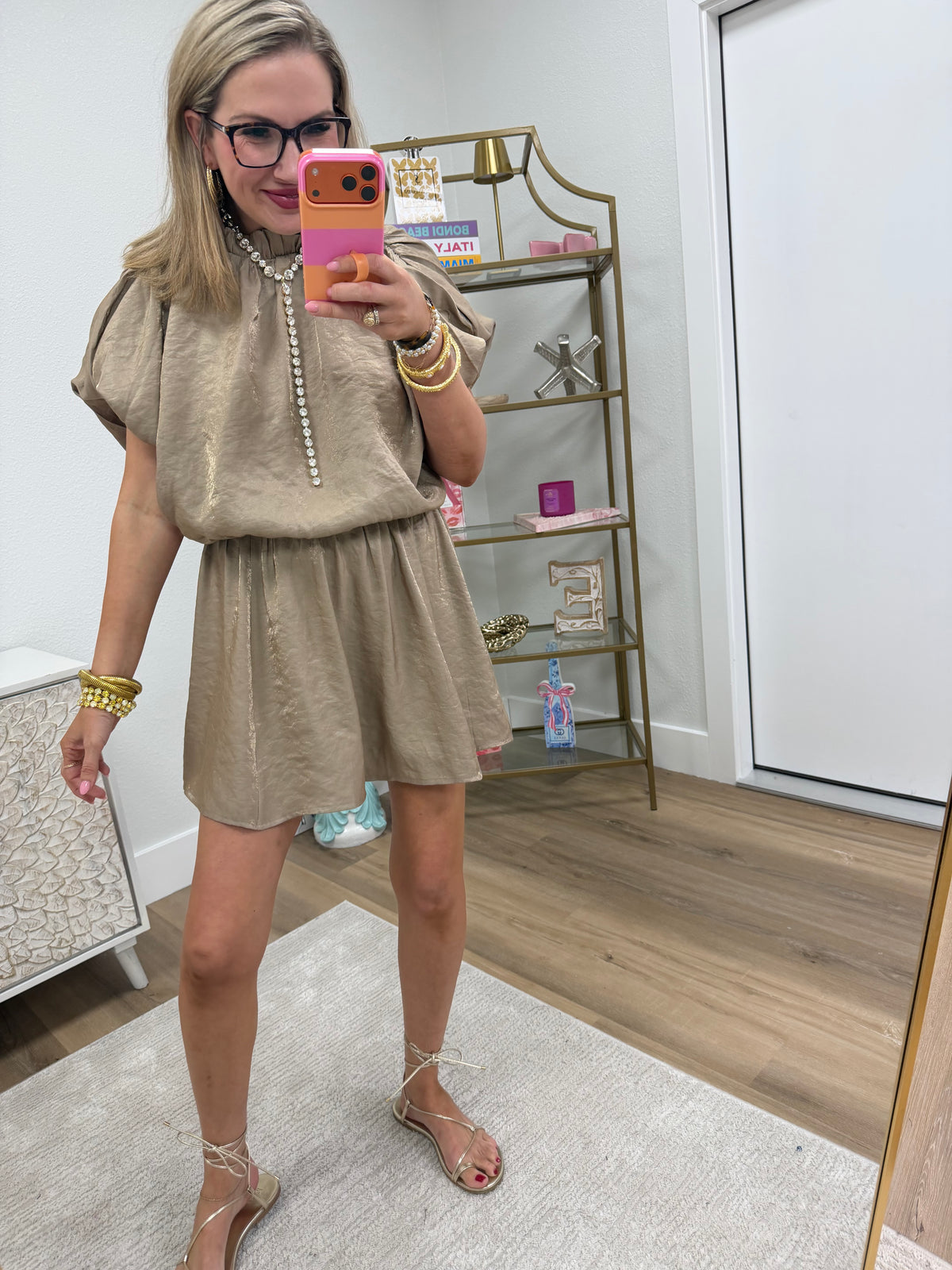 Taupe Puff Sleeve Ruffle Neck Mini Dress