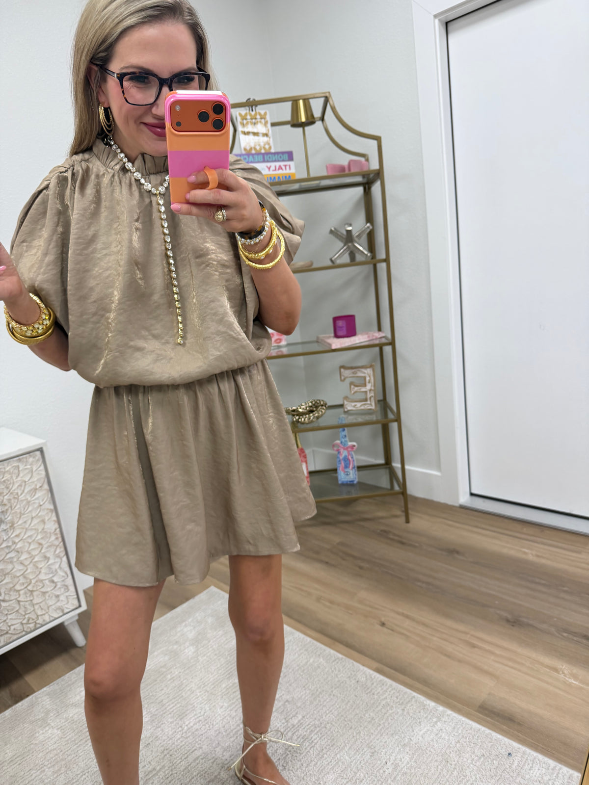 Taupe Puff Sleeve Ruffle Neck Mini Dress