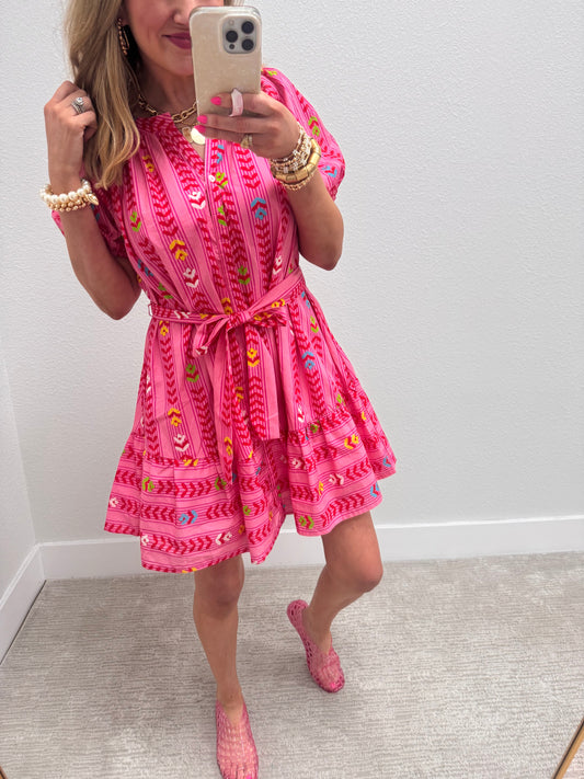 Pink Printed Button Down Belt Dress