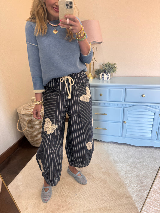 Denim Stripe Butterfly Patch Barrel Pants
