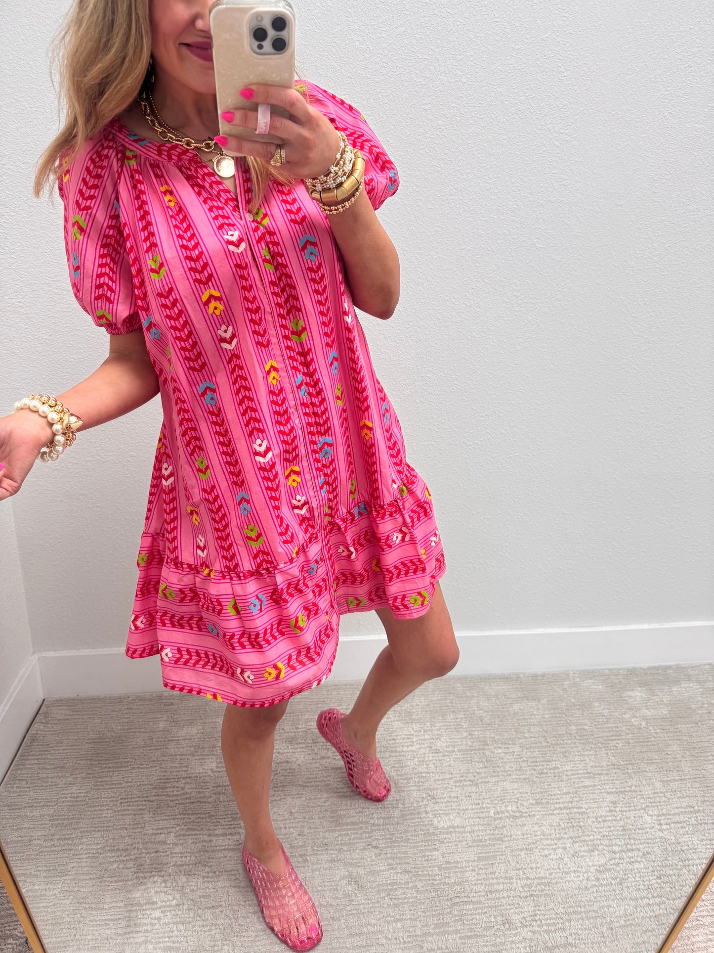 Pink Printed Button Down Belt Dress