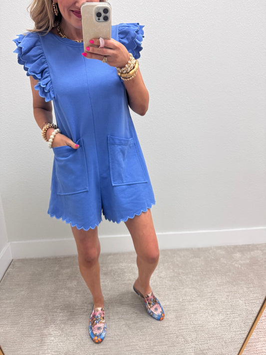 Light Blue Terry Romper with Scalloped Double Ruffle Sleeve