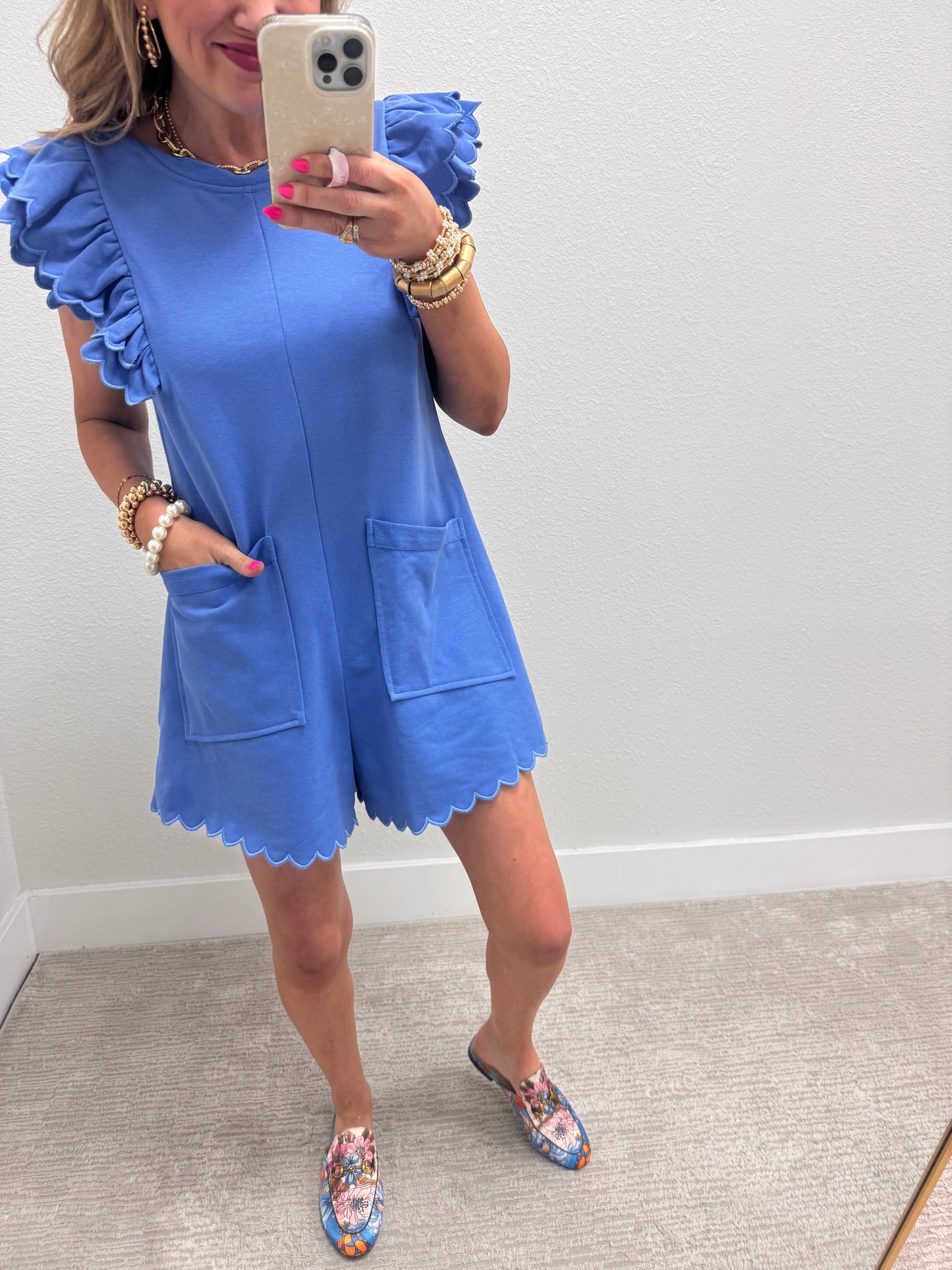 Light Blue Terry Romper with Scalloped Double Ruffle Sleeve
