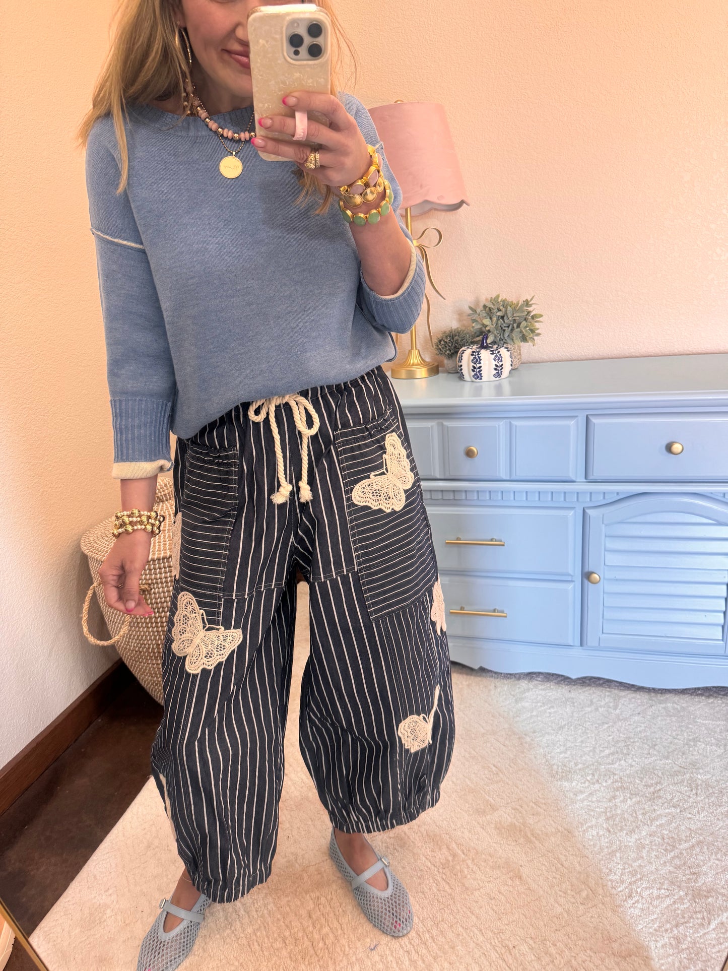 Denim Stripe Butterfly Patch Barrel Pants