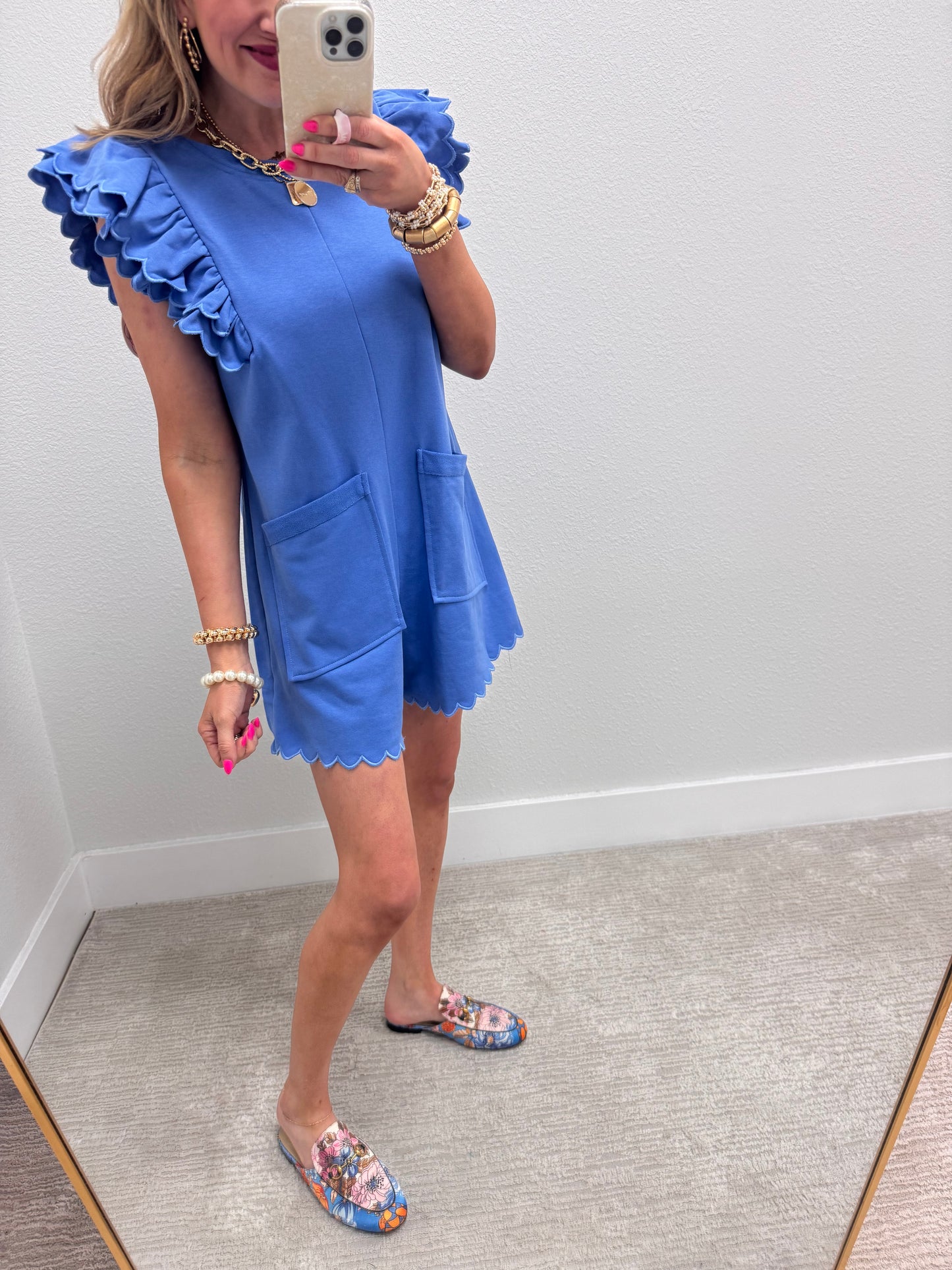 Light Blue Terry Romper with Scalloped Double Ruffle Sleeve