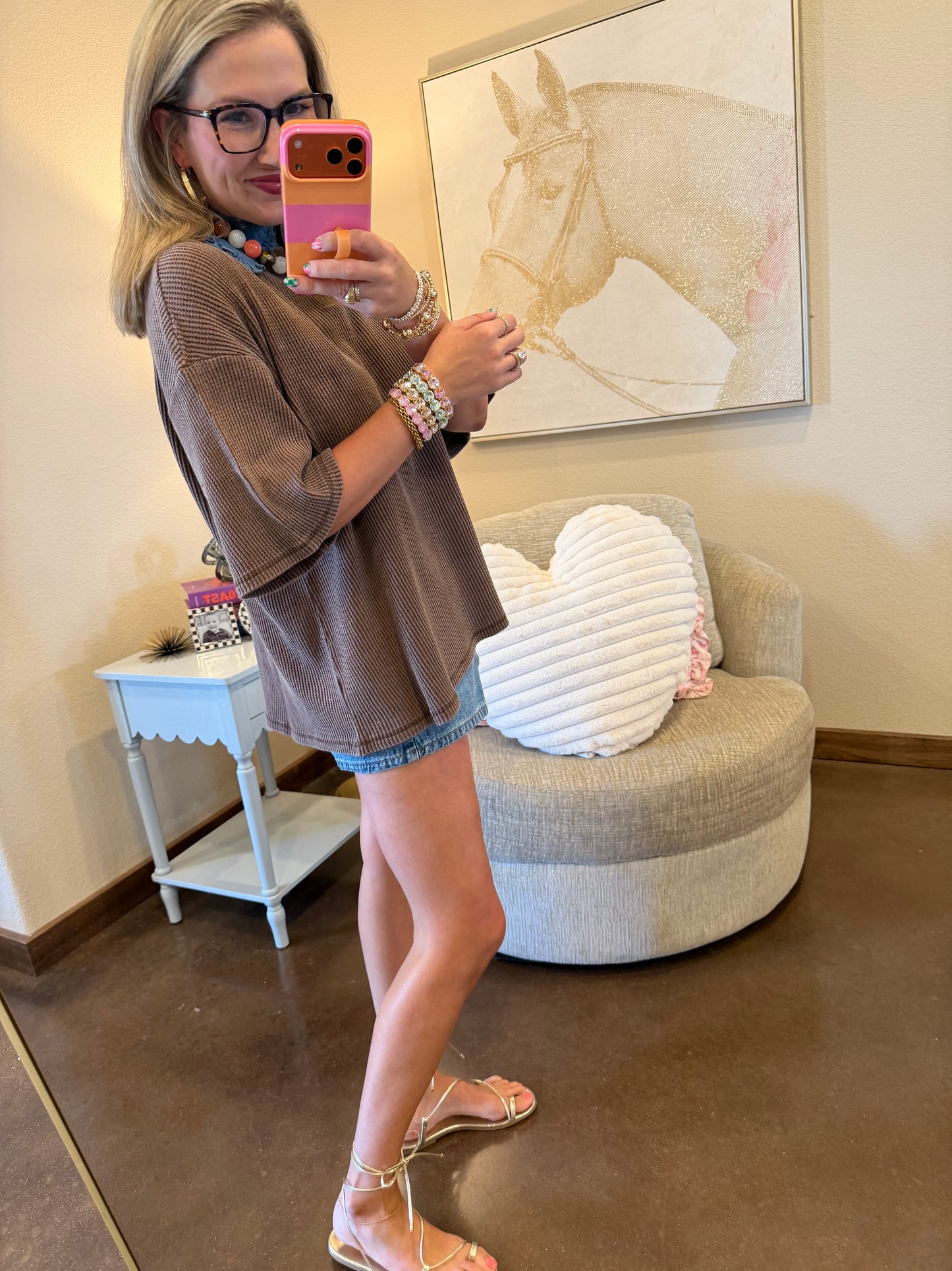 Dark Brown Mineral Wash Waffle Crew Neck Short Sleeve Top