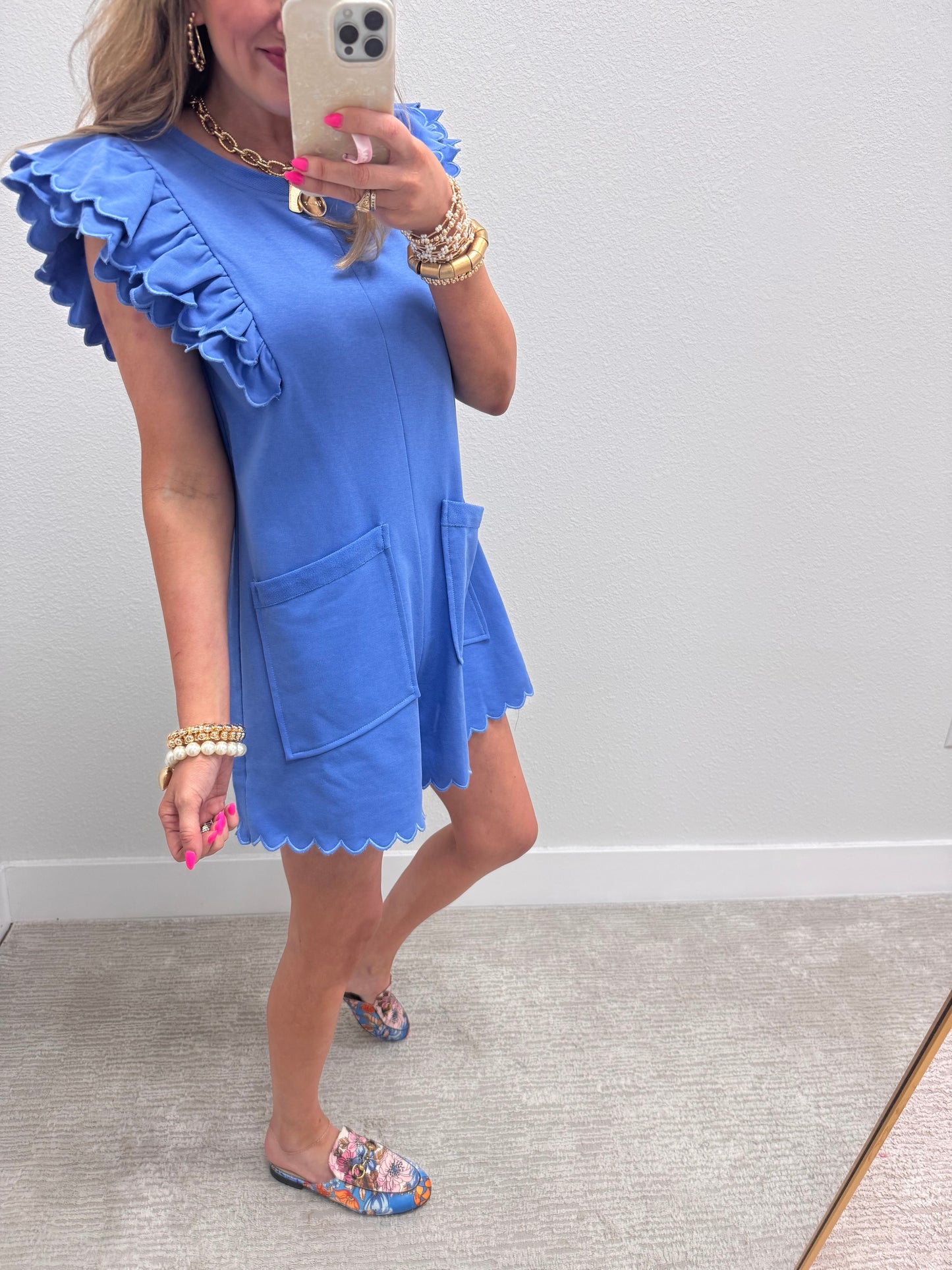 Light Blue Terry Romper with Scalloped Double Ruffle Sleeve
