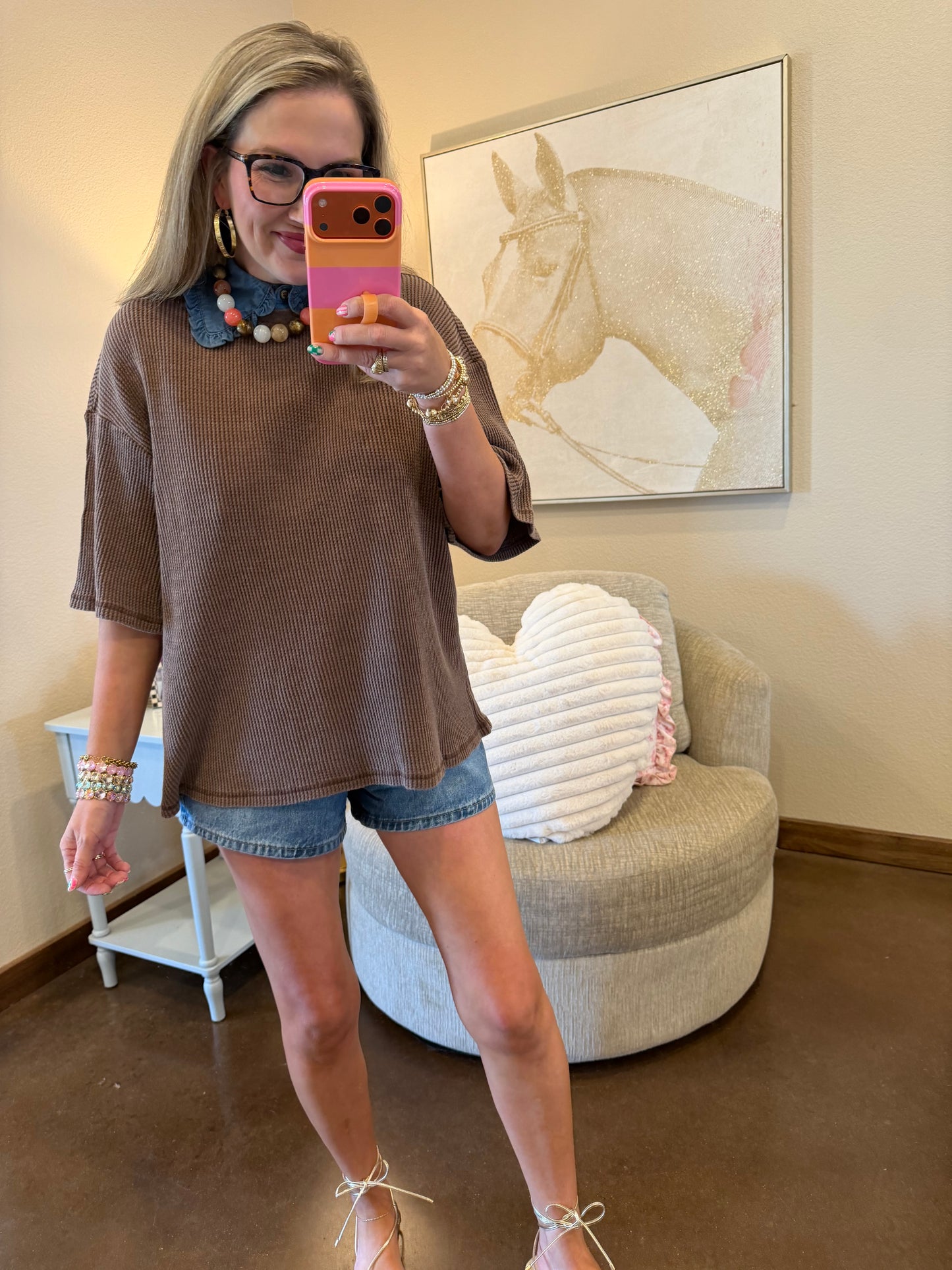Dark Brown Mineral Wash Waffle Crew Neck Short Sleeve Top