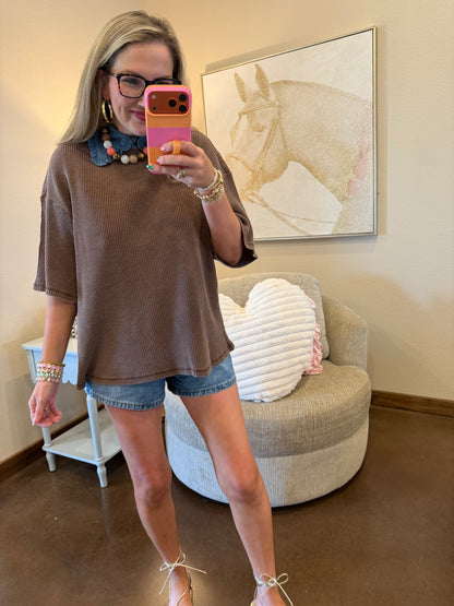 Dark Brown Mineral Wash Waffle Crew Neck Short Sleeve Top