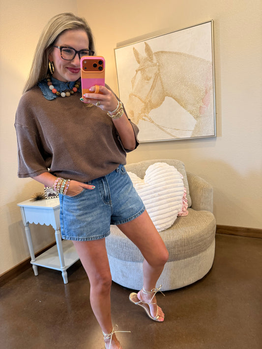 Dark Brown Mineral Wash Waffle Crew Neck Short Sleeve Top