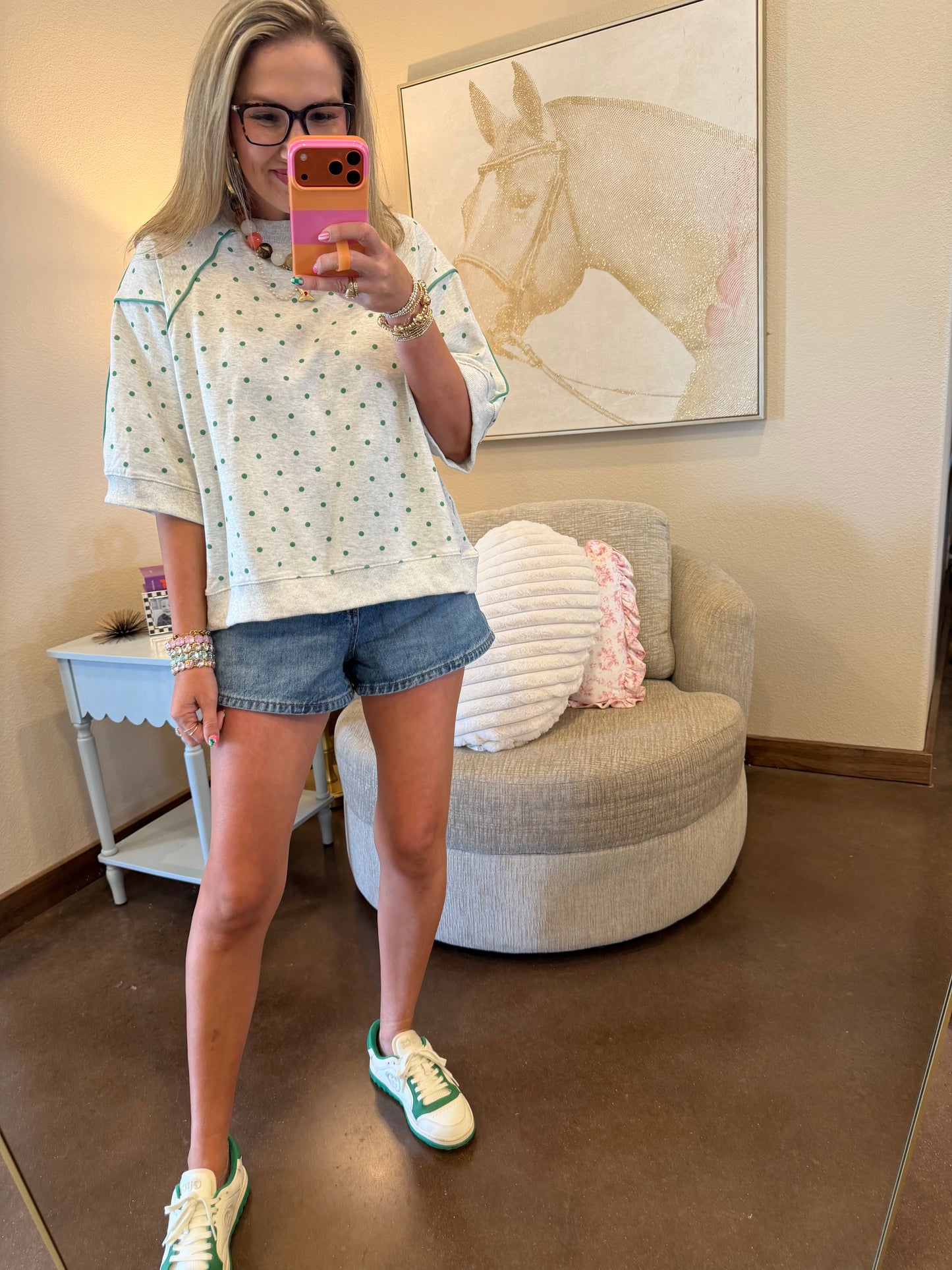 Heather Grey & Green Piping & Mini Dot Printed French Terry Top