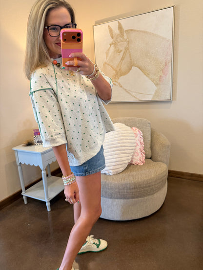Heather Grey & Green Piping & Mini Dot Printed French Terry Top