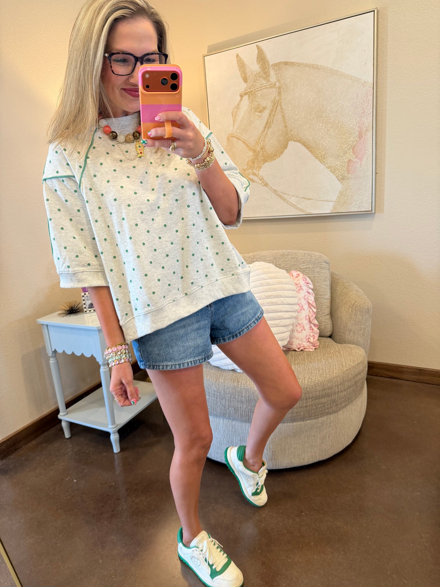 Heather Grey & Green Piping & Mini Dot Printed French Terry Top