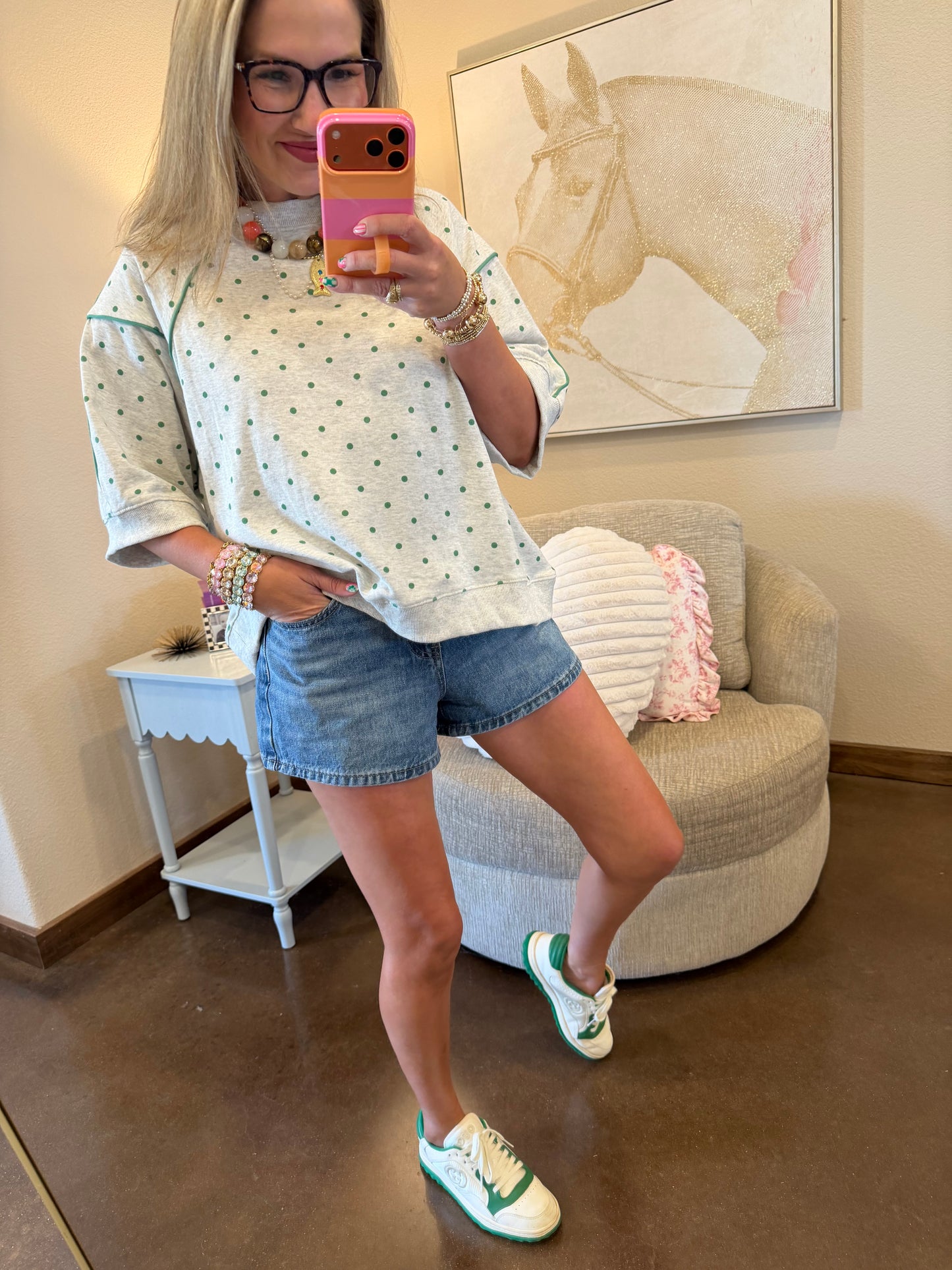 Heather Grey & Green Piping & Mini Dot Printed French Terry Top