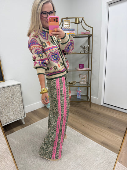 Beige Olive Colorful Heart Knit Sweater Cardigan