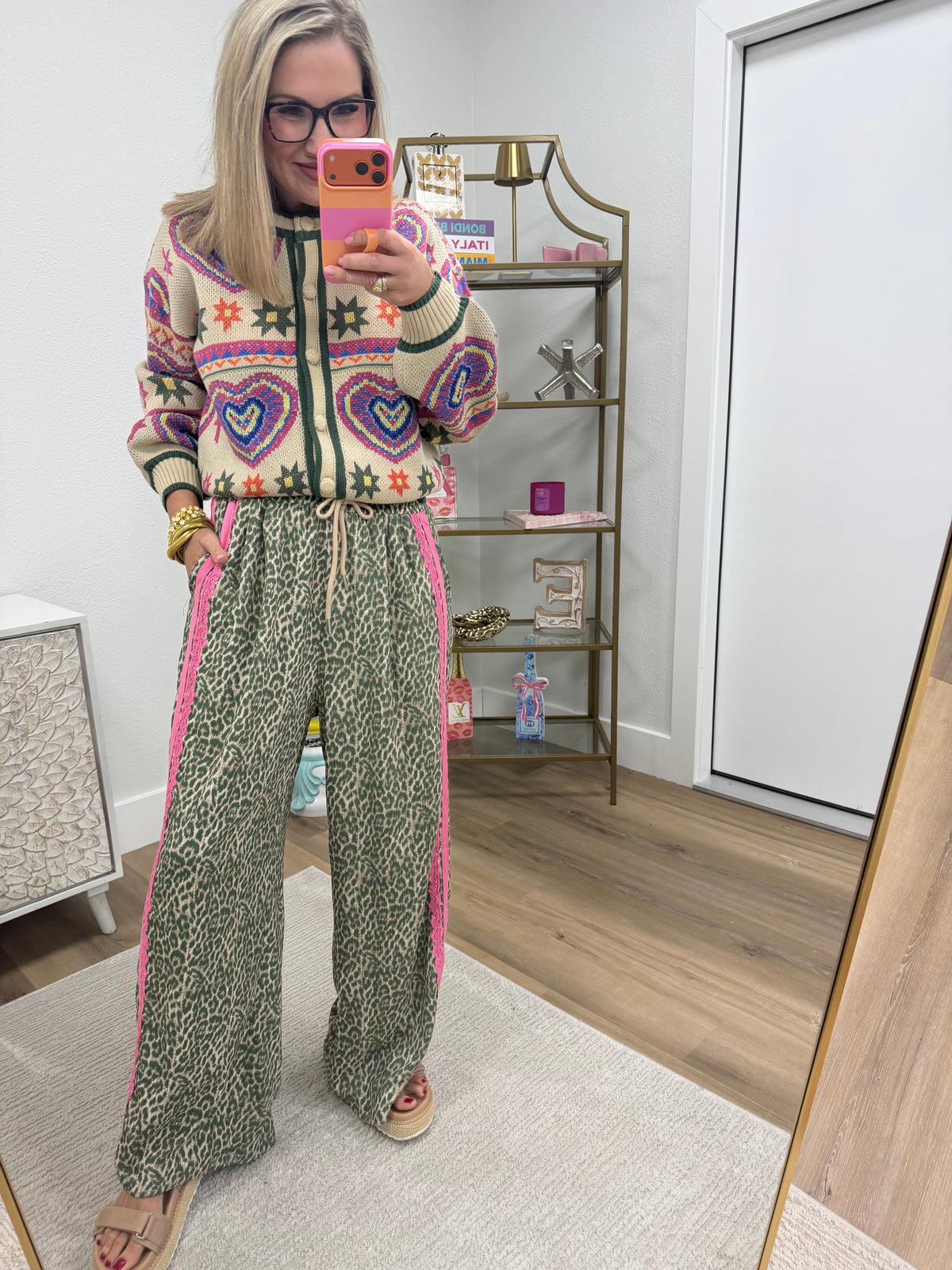 Beige Olive Colorful Heart Knit Sweater Cardigan