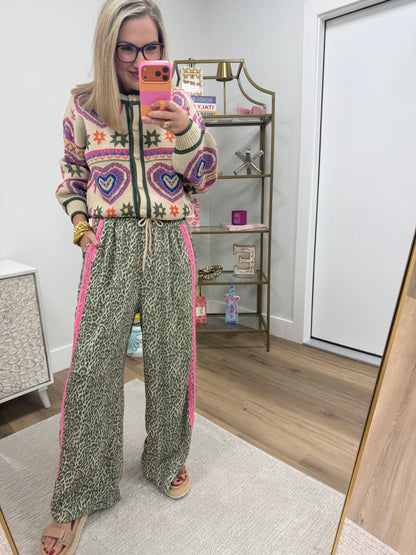 Beige Olive Colorful Heart Knit Sweater Cardigan