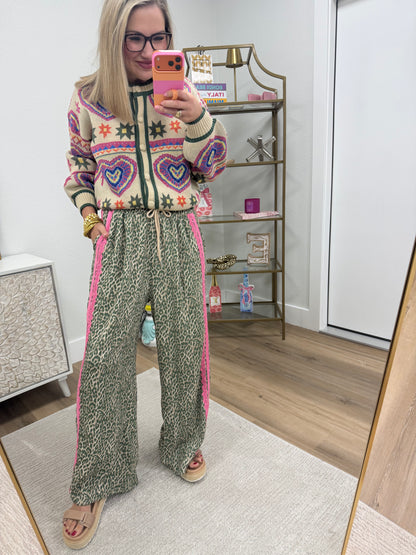 Green Leopard Lace & Sporty Ribbon Striped Pants