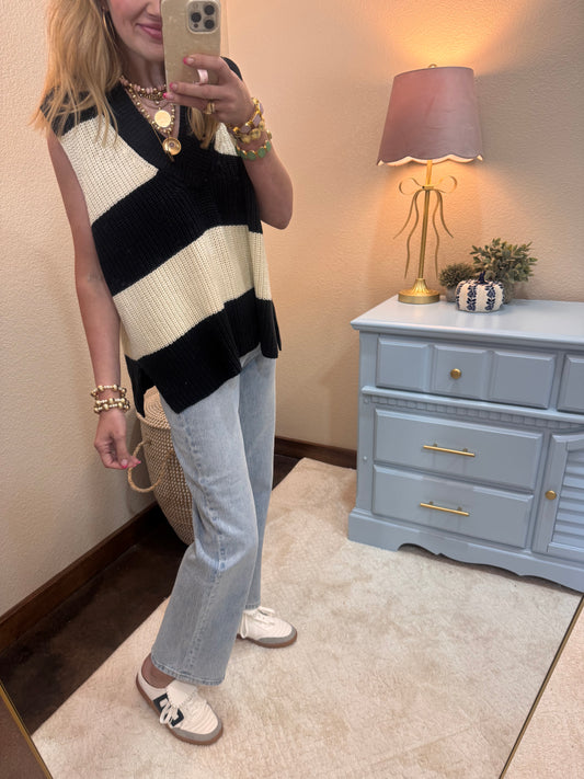 Black and Cream Knit Sweater Vest Top