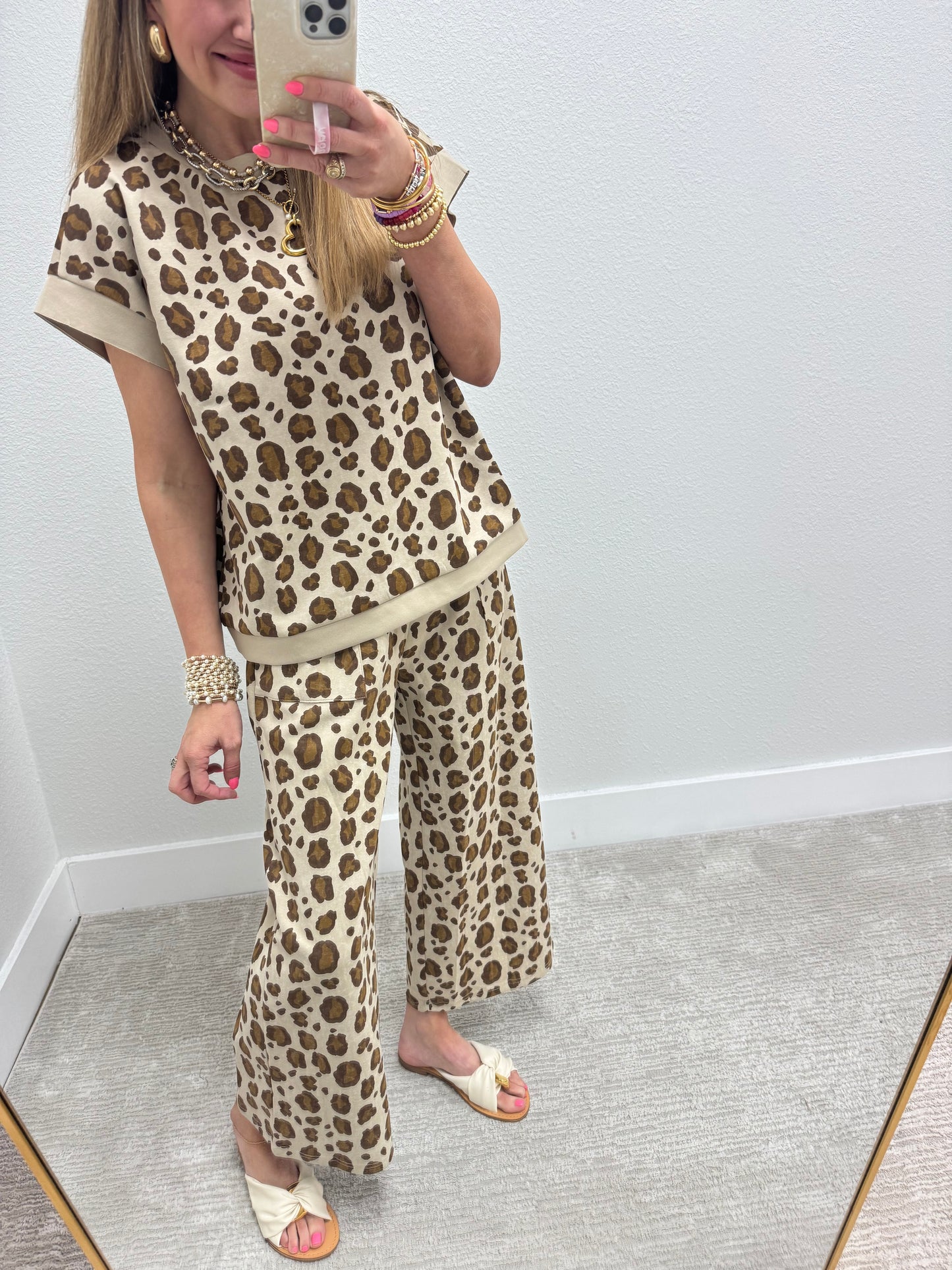 Leopard Print Scuba Material Two Piece Pant Set
