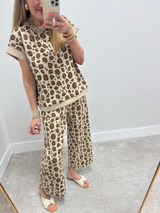 Leopard Print Scuba Material Two Piece Pant Set