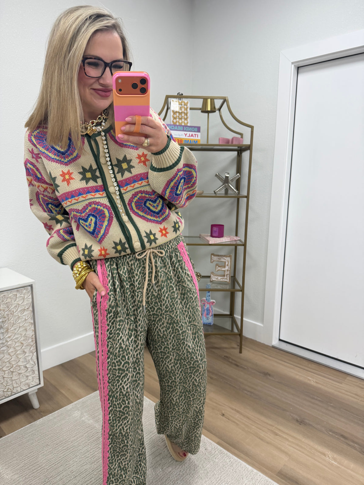 Beige Olive Colorful Heart Knit Sweater Cardigan