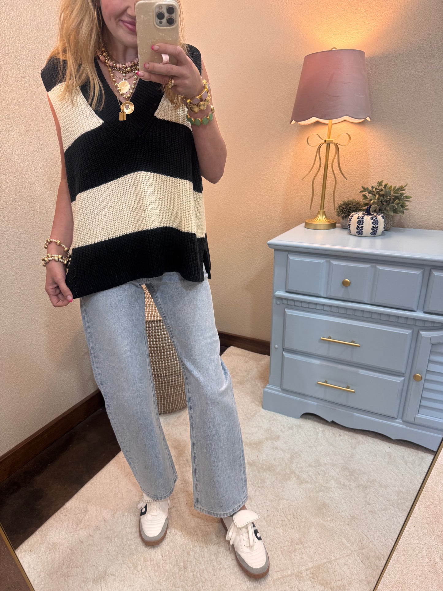 Black and Cream Knit Sweater Vest Top