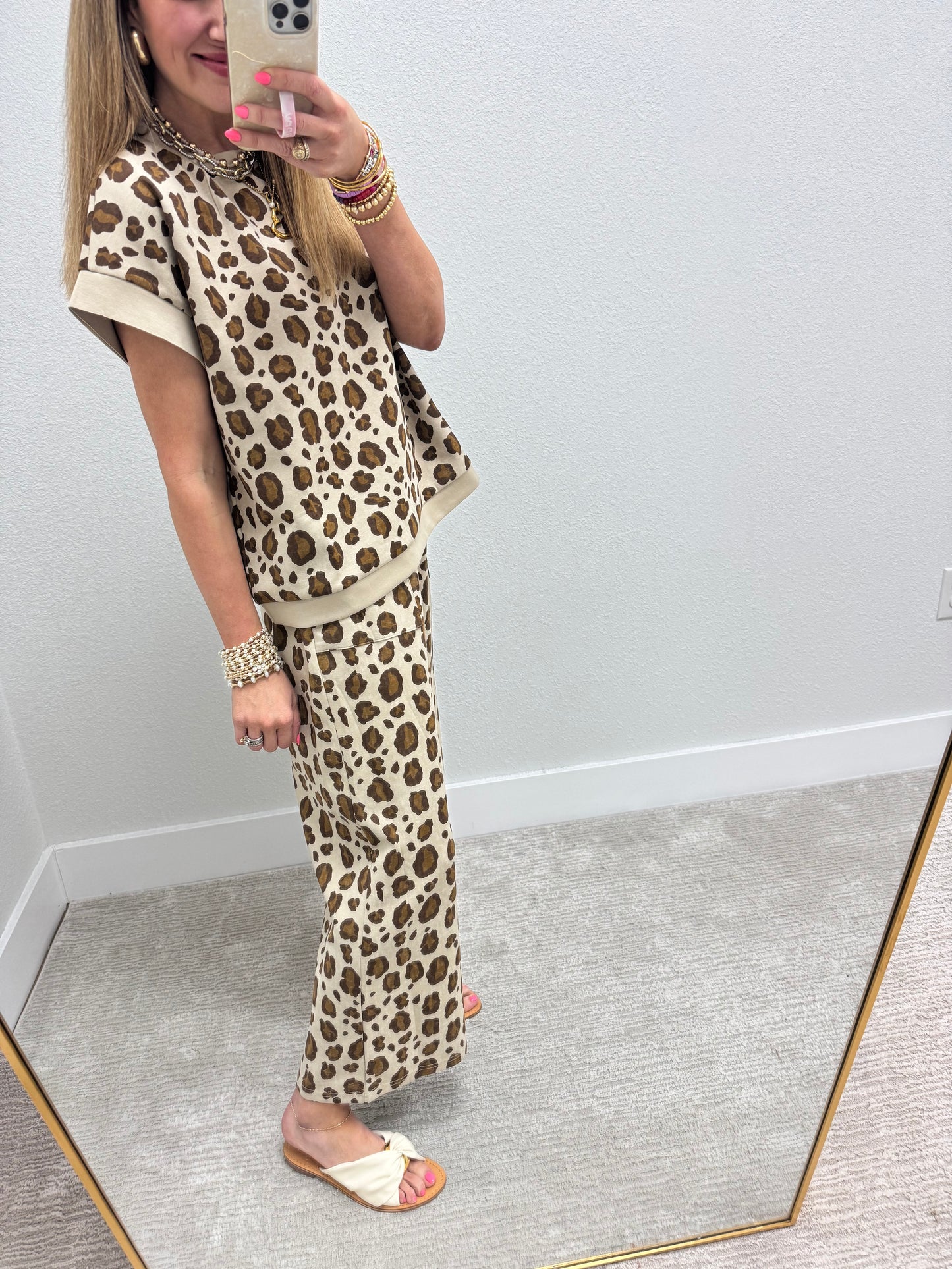 Leopard Print Scuba Material Two Piece Pant Set