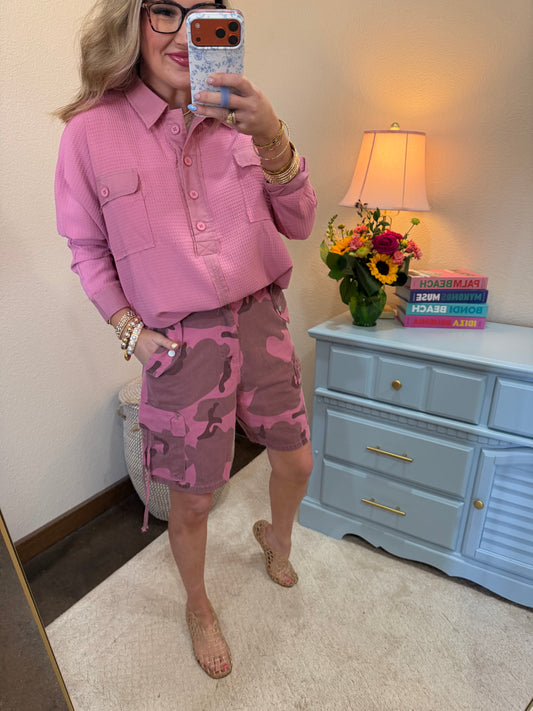 Camo Pink Dusty Camo Drawstring Waisted Shorts Relaxed Fit