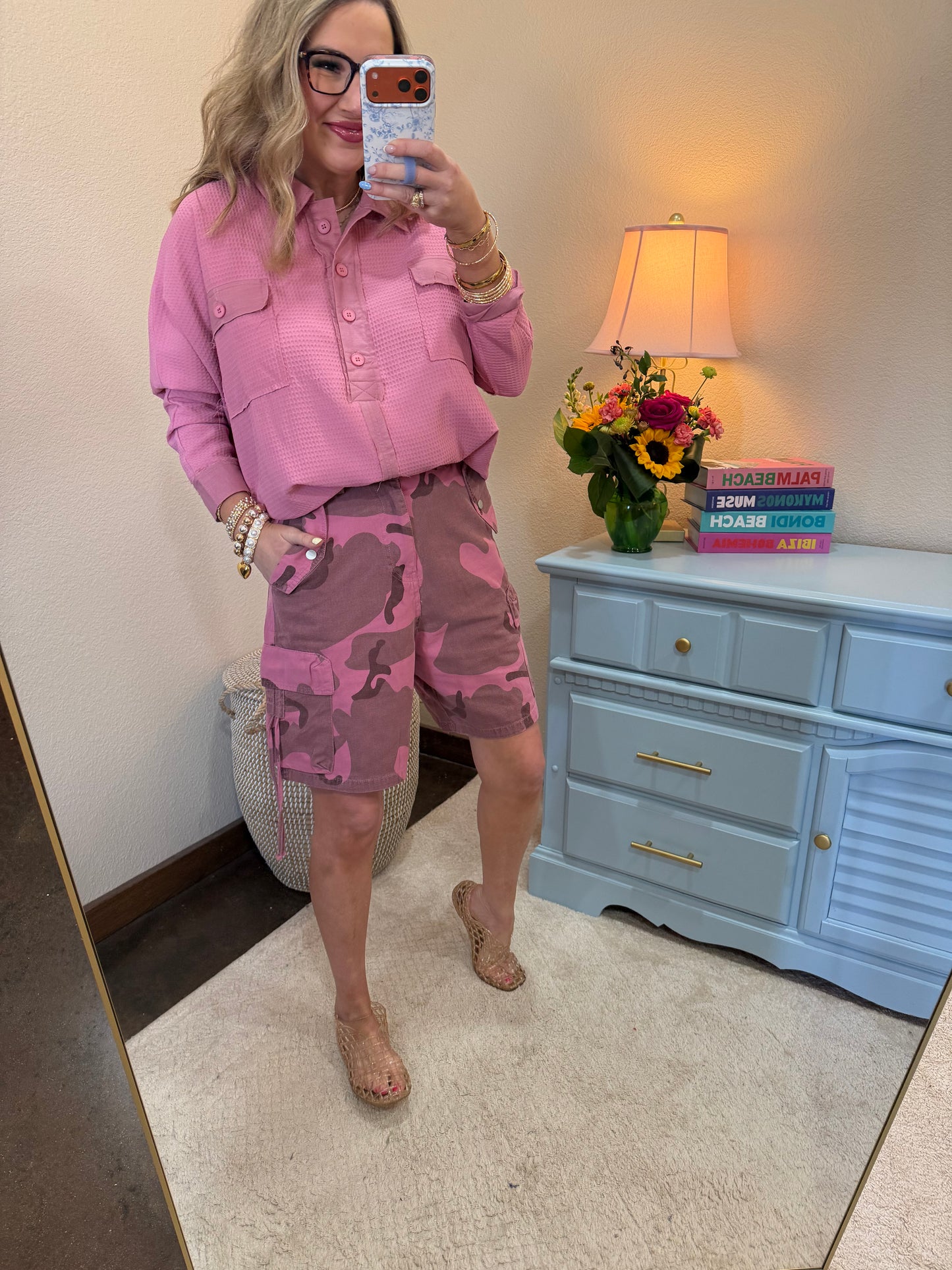 Camo Pink Dusty Camo Drawstring Waisted Shorts Relaxed Fit