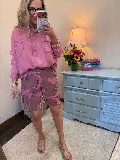 Camo Pink Dusty Camo Drawstring Waisted Shorts Relaxed Fit