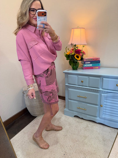 Camo Pink Dusty Camo Drawstring Waisted Shorts Relaxed Fit