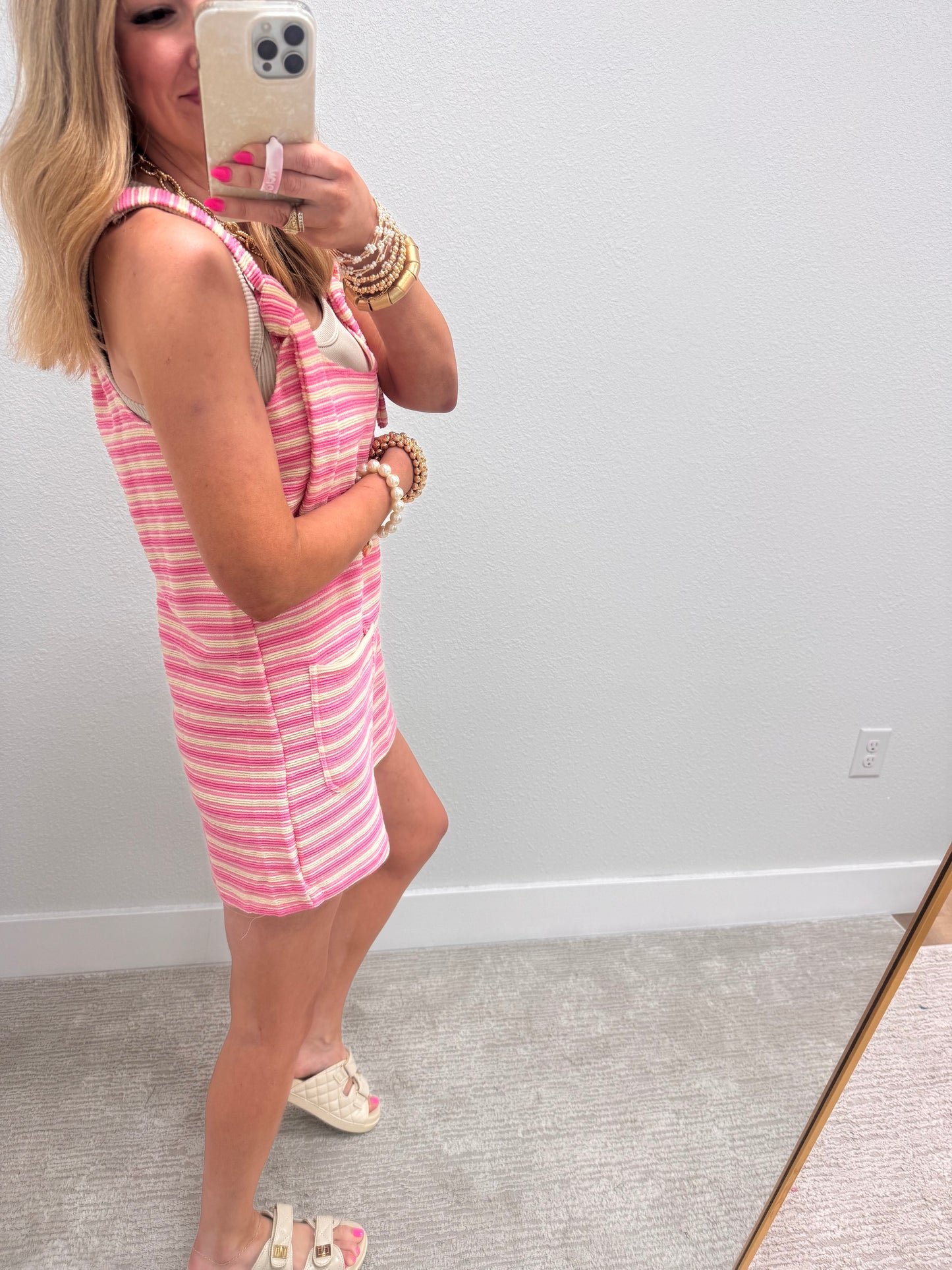 Pink and Cream Striped Textured Overall Shorts