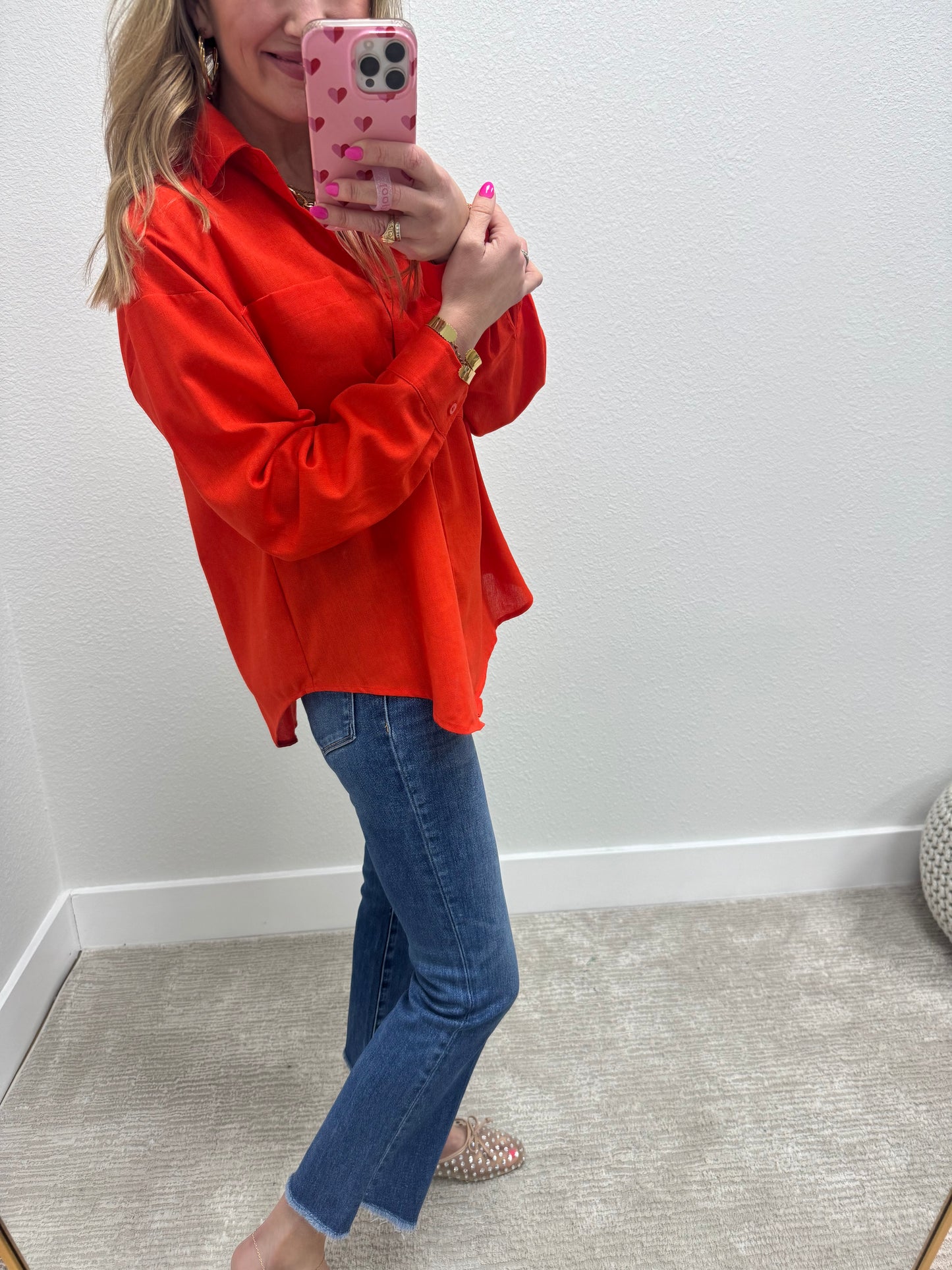 Tomato Orange Linen Blend Long Sleeve