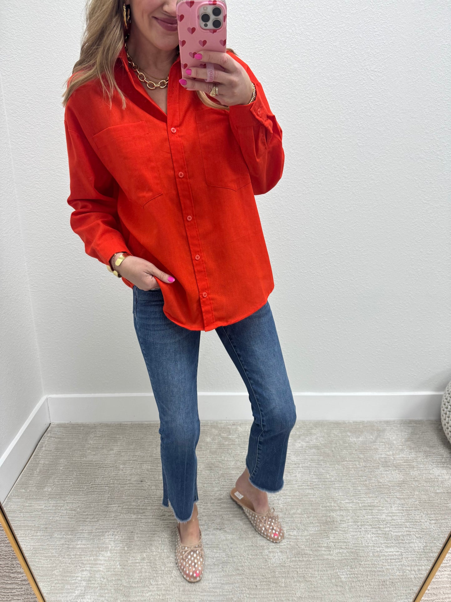 Tomato Orange Linen Blend Long Sleeve