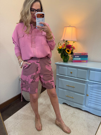 Camo Pink Dusty Camo Drawstring Waisted Shorts Relaxed Fit