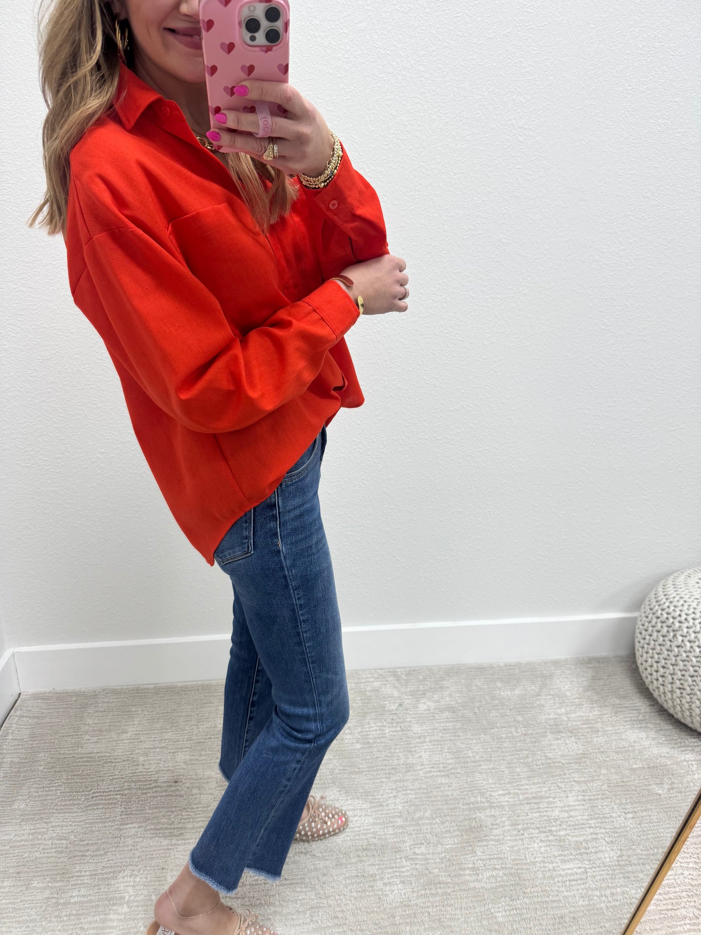 Tomato Orange Linen Blend Long Sleeve