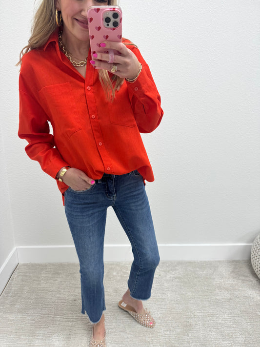 Tomato Orange Linen Blend Long Sleeve