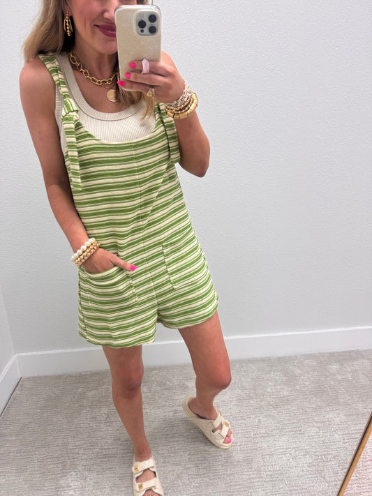 Green and Cream Striped Textured Overall Shorts