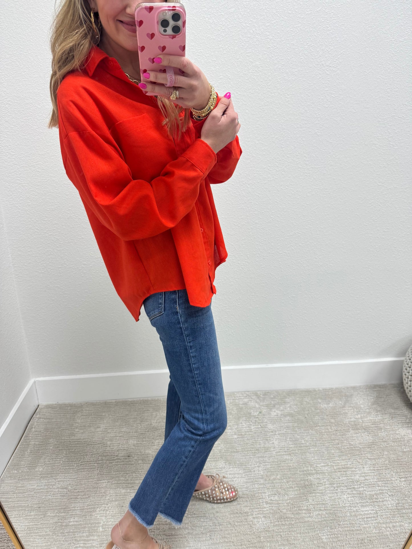 Tomato Orange Linen Blend Long Sleeve