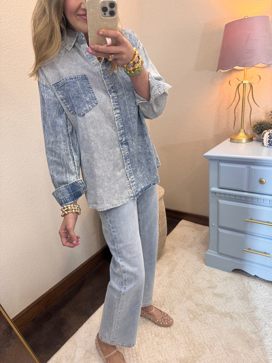 Mineral Washed Denim Color Block Stripe Shirt