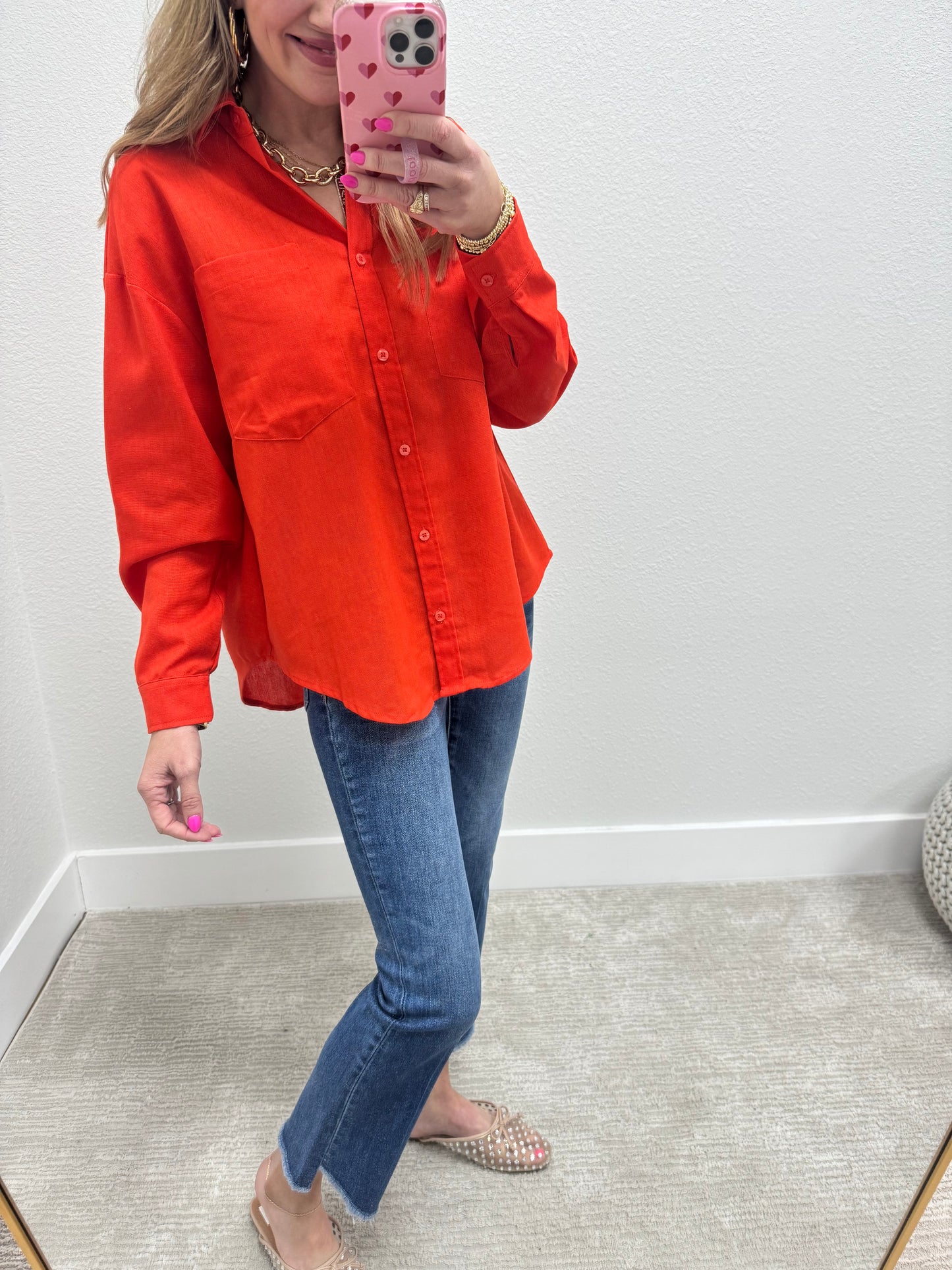 Tomato Orange Linen Blend Long Sleeve