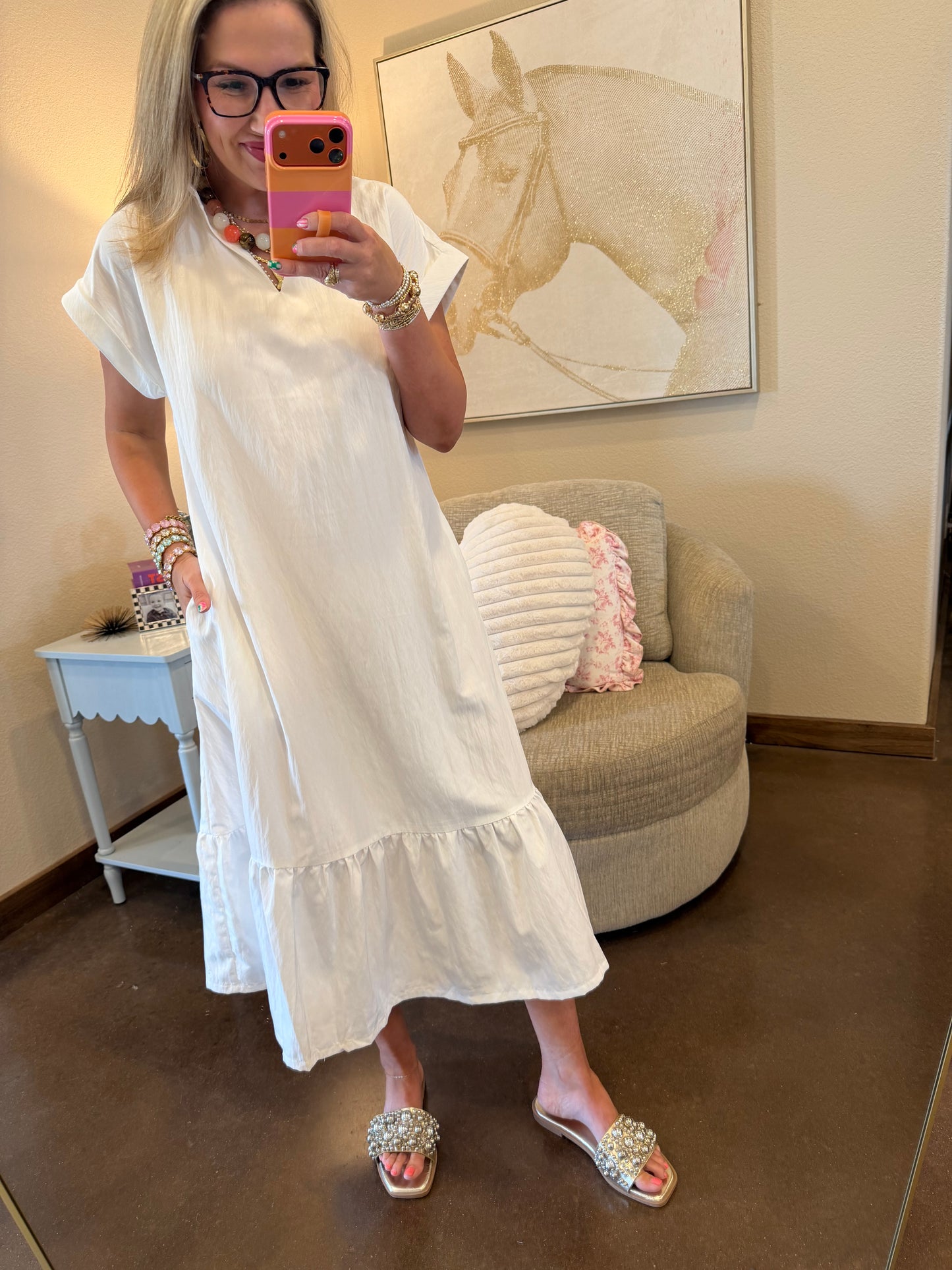 White Ruffle Neck Cuff Sleeve Midi Dress
