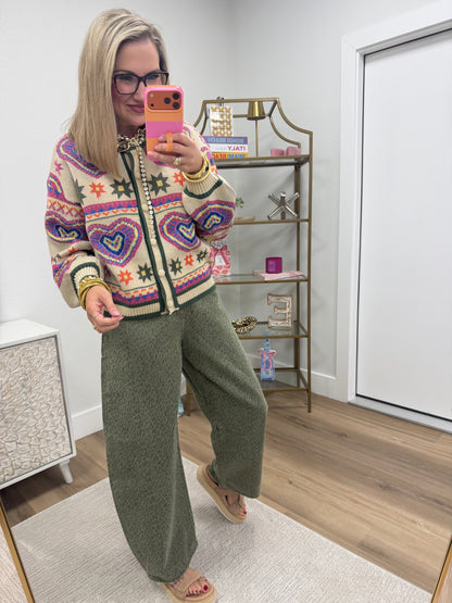 Beige Olive Colorful Heart Knit Sweater Cardigan