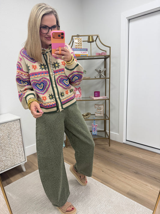 Beige Olive Colorful Heart Knit Sweater Cardigan