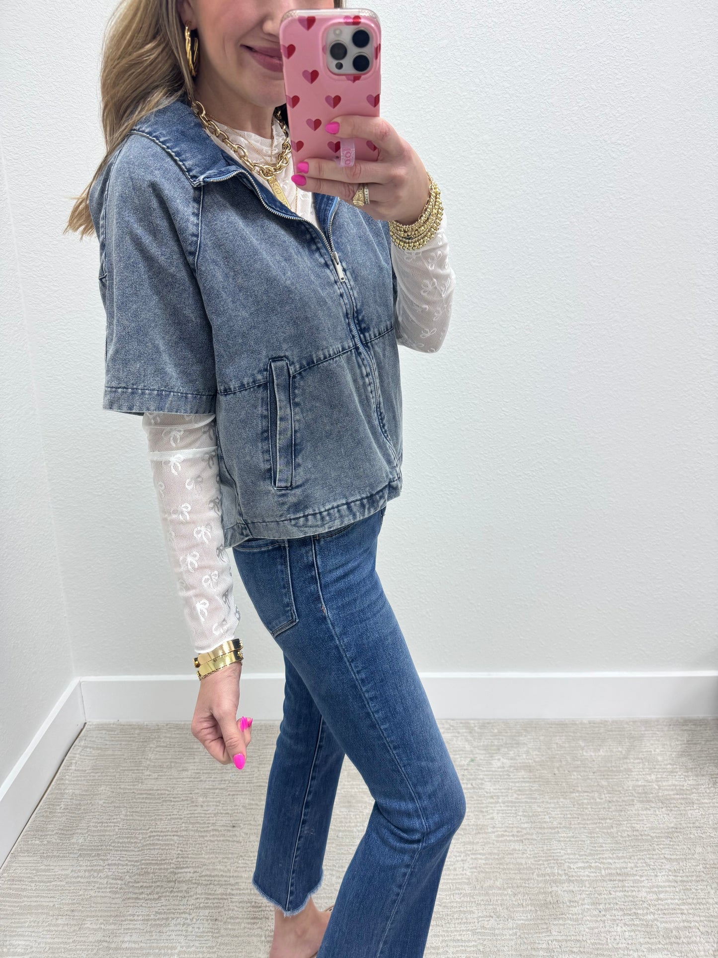 Denim Zip Up Short Sleeve Jacket Top