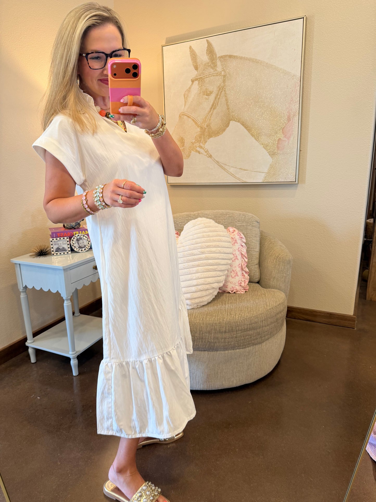 White Ruffle Neck Cuff Sleeve Midi Dress